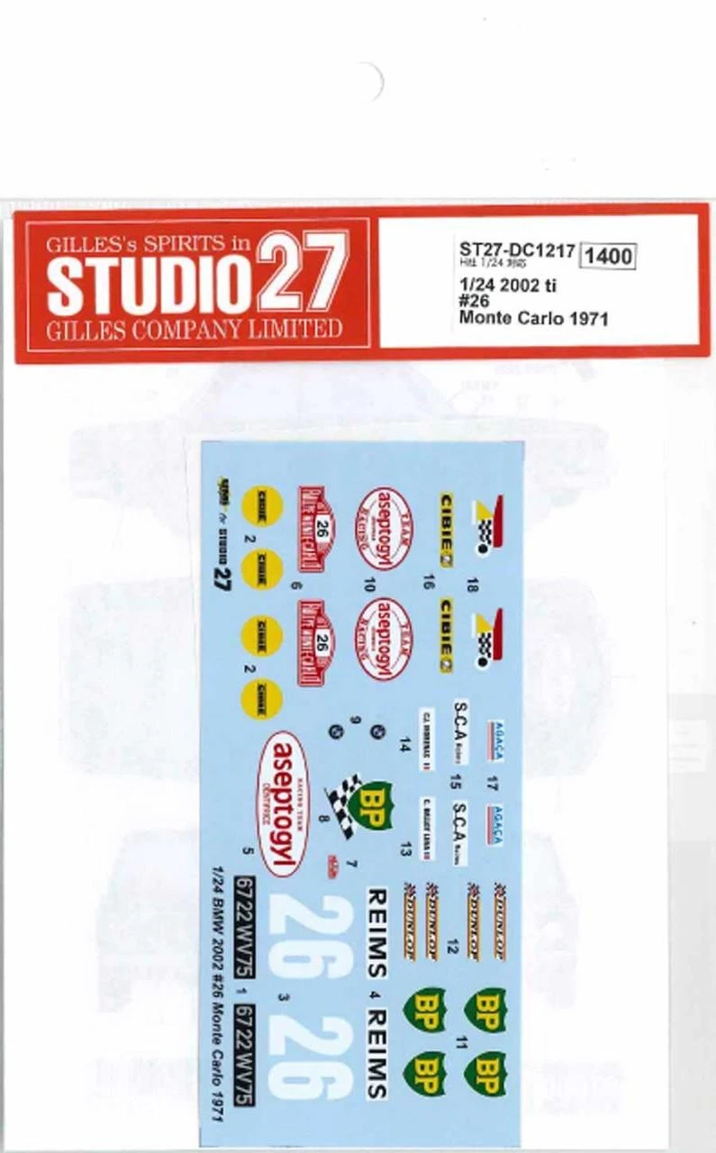 Studio27 ST27-DC1217 2002 Ti #26 Monte Carlo 1971 Decal For Hasegawa 1/24 Scale 1 Studio27 ST27-DC1217 2002 Ti #26 Monte Carlo 1971 Decal For Hasegawa 1/24 Scale